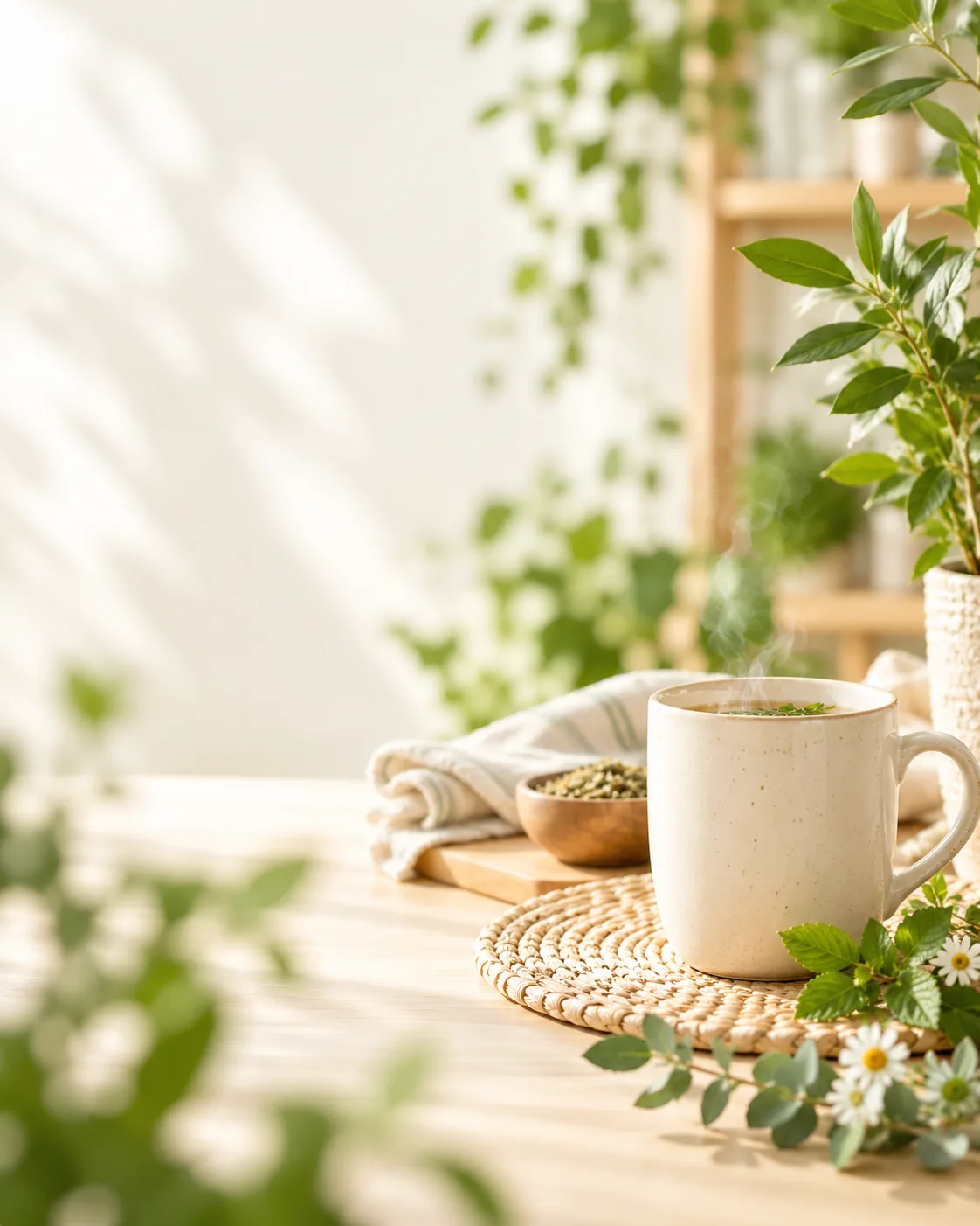 Taza con infusión en un entorno natural y luminoso