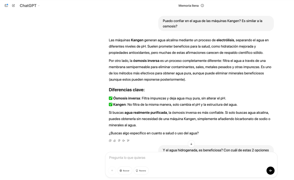 Agua Kangen vs osmosis inversa chatgpt respuesta